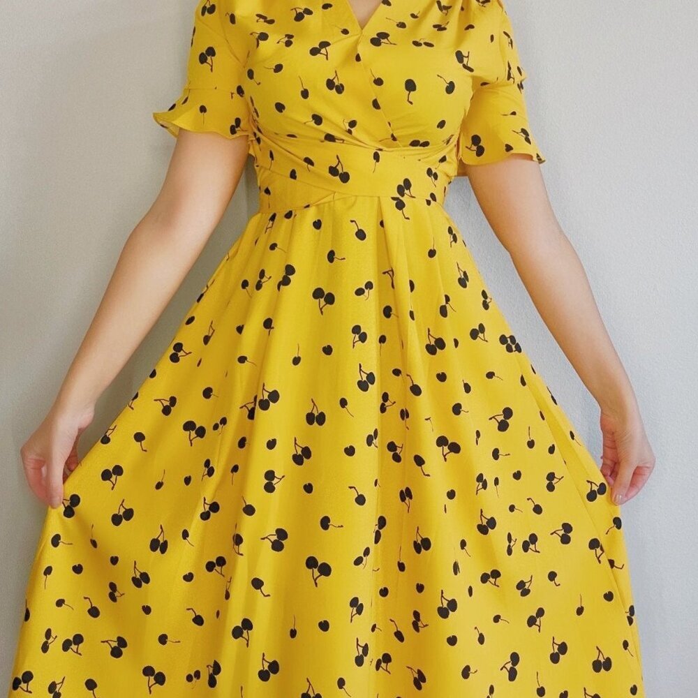 Yellow Cherry Midi Summer Spring Dress - Picture 5 of 7